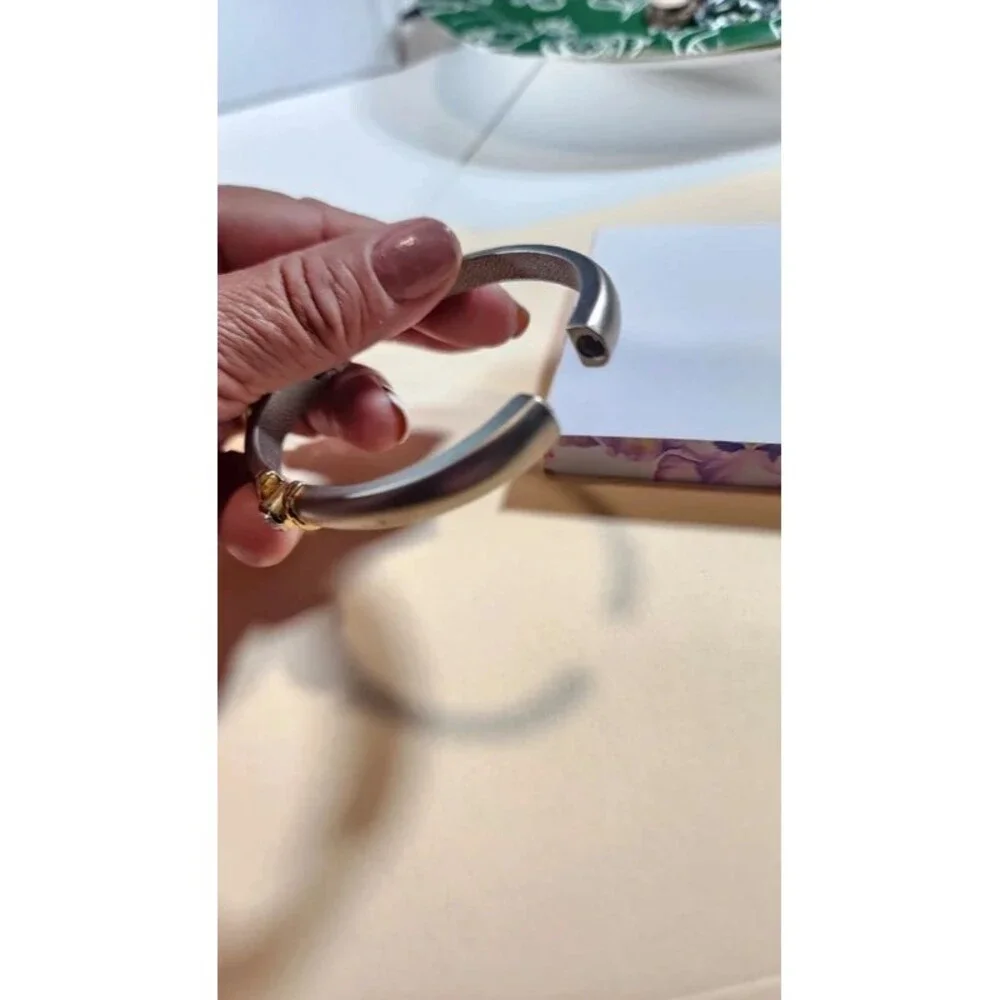 Vintage 80s 90sTwo Tone Hinged Bangle Bracelet Silver Gold Rhinestone Minimalist
